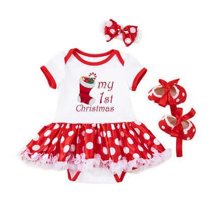 Baby Girl Christmas Party Outfit - Festive 3-Piece Set with Gown, Shoes & Hair Accessories