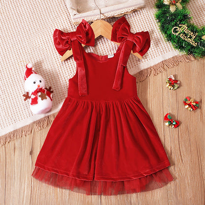 Girls Christmas Bow Suspender Dress - Adorable Bud Skirt Holiday Outfit