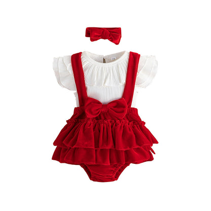 Baby Girl Flounced Sleeve Romper Set - Adorable 3-Piece Outfit with Headband