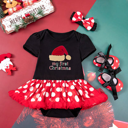 Baby Girl Christmas Party Outfit - Festive 3-Piece Set with Gown, Shoes & Hair Accessories