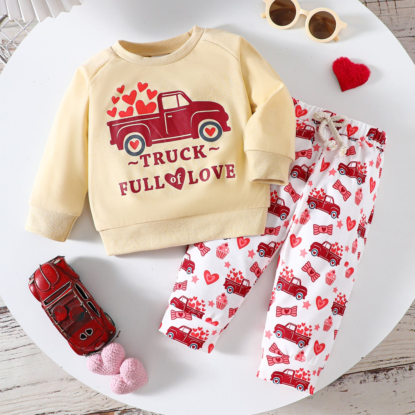 Toddler Boys Truck Print Sweatshirt & Sweatpants Set - Long Sleeve Heart Letter Outfit