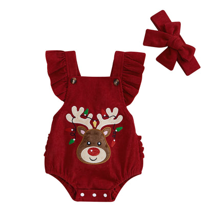 Baby Girl Christmas Velvet Jumpsuit - Embroidered Sleeveless Romper with Bow Tie