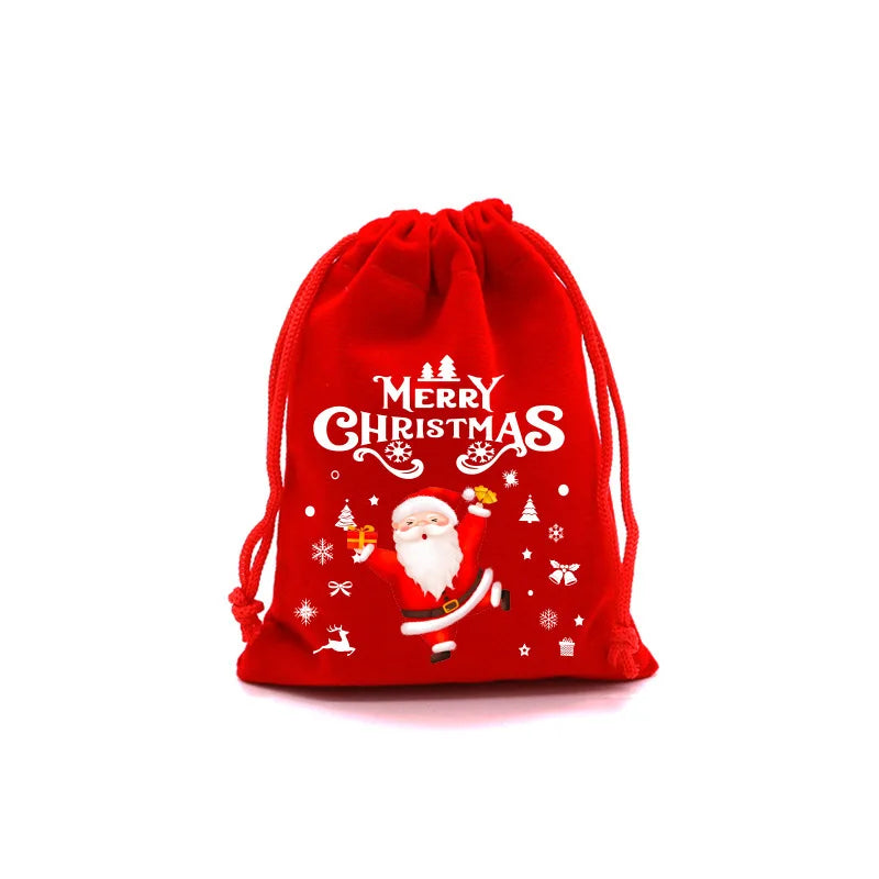 Red Christmas Velvet Gift Bags - Drawstring Santa Pouch for Candy & Party Favors