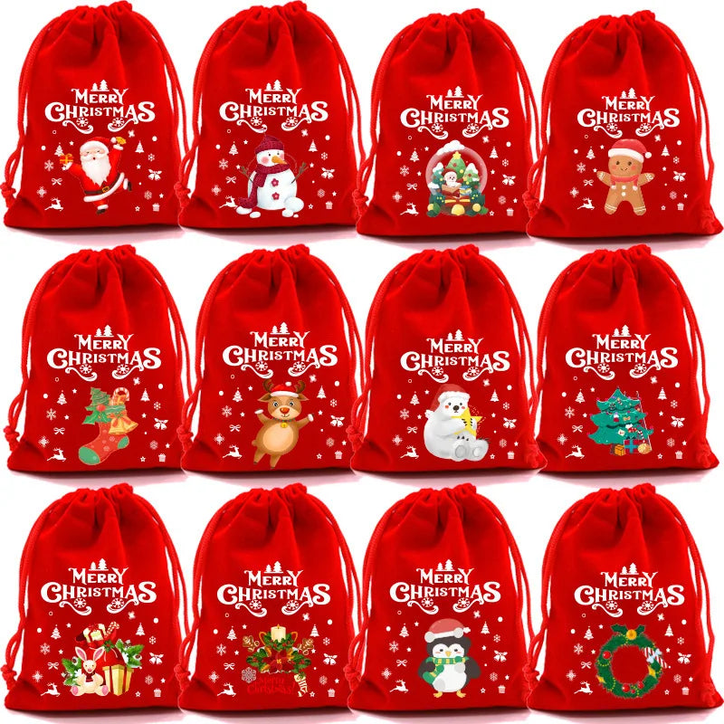 Red Christmas Velvet Gift Bags - Drawstring Santa Pouch for Candy & Party Favors