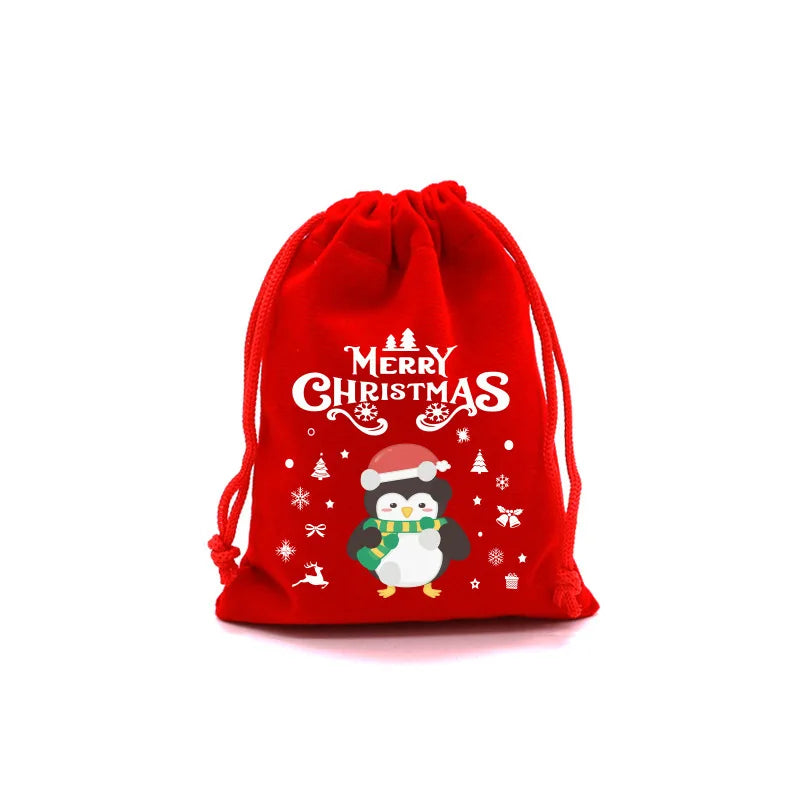 Red Christmas Velvet Gift Bags - Drawstring Santa Pouch for Candy & Party Favors
