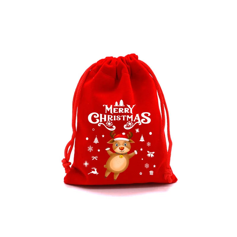 Red Christmas Velvet Gift Bags - Drawstring Santa Pouch for Candy & Party Favors
