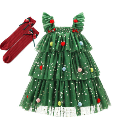 Girls Christmas Tree Suspender Dress - Festive Holiday Jumper Outfit
