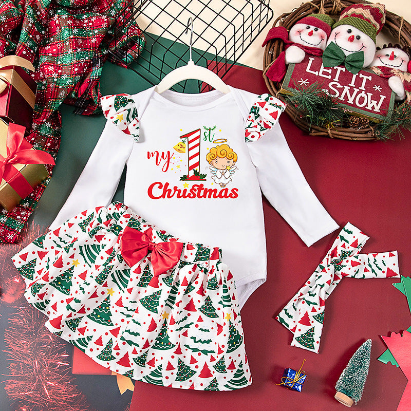 Girls' Christmas 3-Piece Set - Long Sleeve Jumpsuit, Headband & Skirt