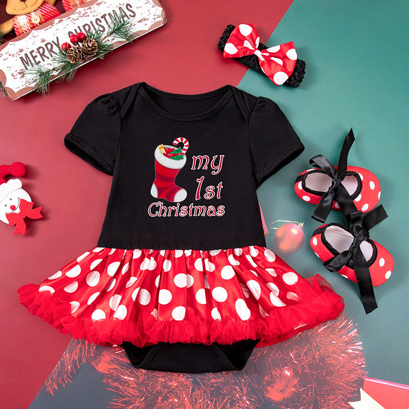 Baby Girl Christmas Party Outfit - Festive 3-Piece Set with Gown, Shoes & Hair Accessories