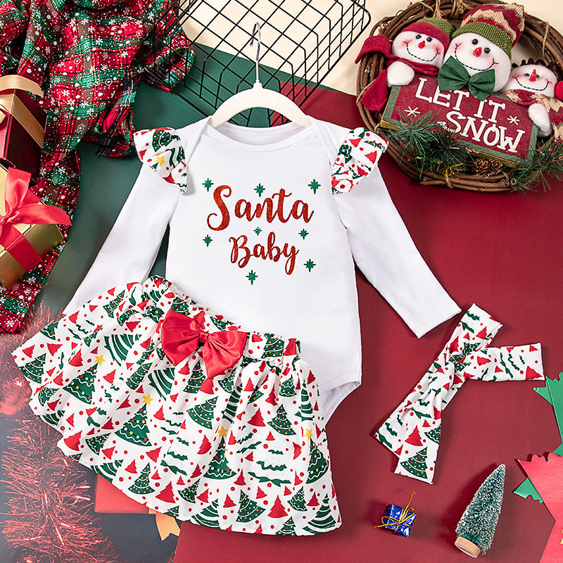Girls' Christmas 3-Piece Set - Long Sleeve Jumpsuit, Headband & Skirt