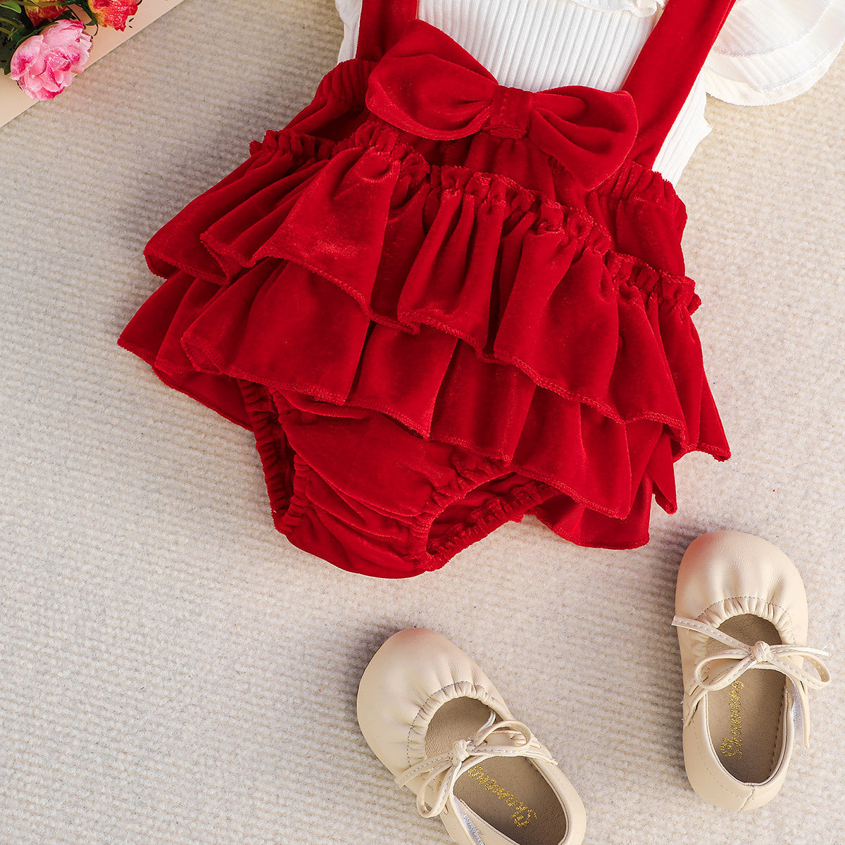 Baby Girl Flounced Sleeve Romper Set - Adorable 3-Piece Outfit with Headband