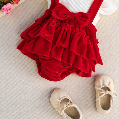 Baby Girl Flounced Sleeve Romper Set - Adorable 3-Piece Outfit with Headband