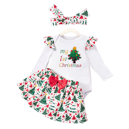 Girls' Christmas 3-Piece Set - Long Sleeve Jumpsuit, Headband & Skirt