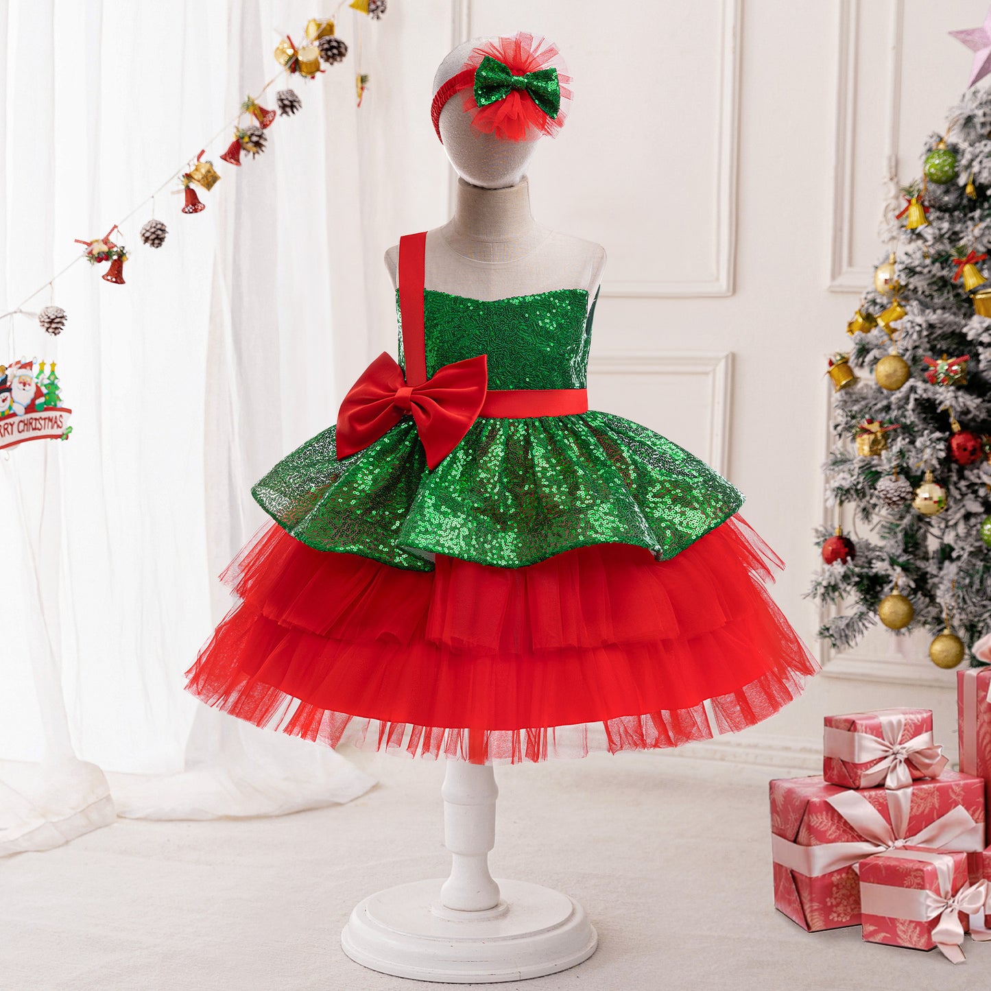 Girls Christmas Red & Green Outfit - European Style Holiday Dress Set