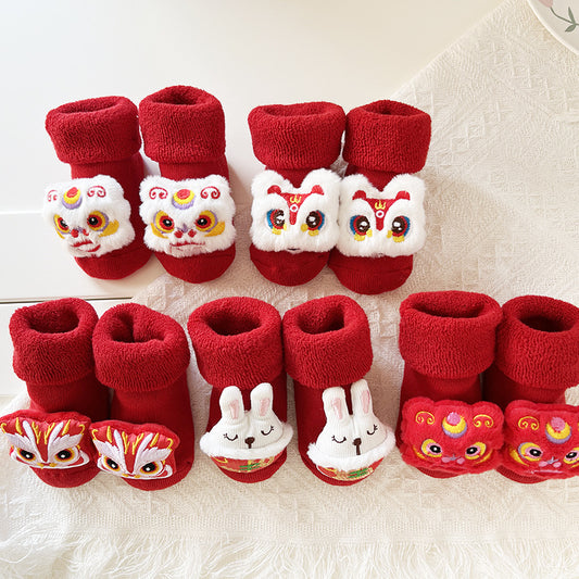 Baby Winter Terry Non-Slip Floor Socks - Warm Red Socks for Toddlers - Free Shipping