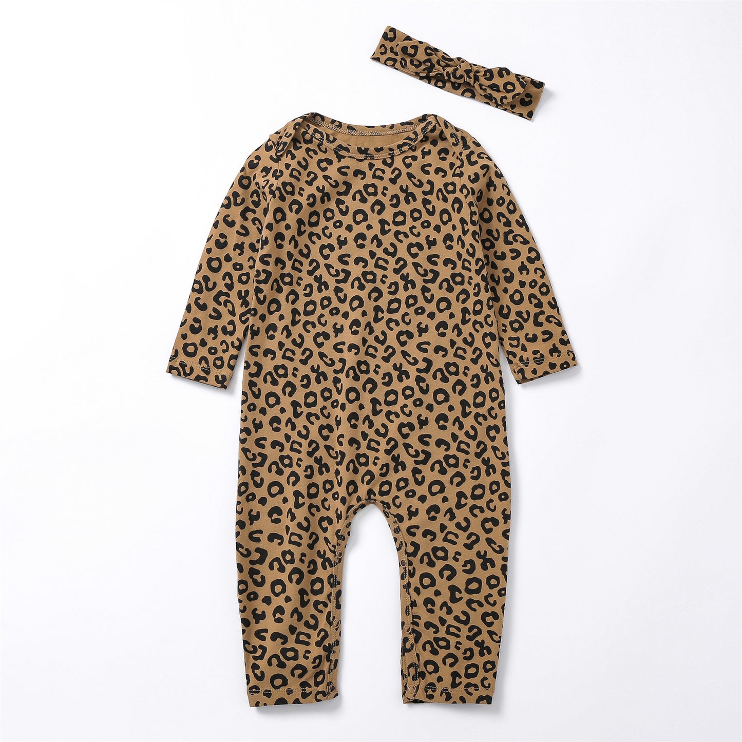 Baby Leopard Print Cotton Jumpsuit - Long Sleeve Romper with Snap Closure
