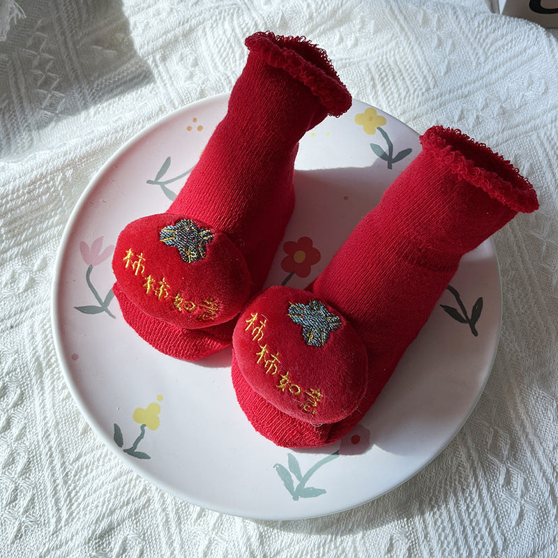 Baby Winter Terry Non-Slip Floor Socks - Warm Red Socks for Toddlers - Free Shipping