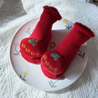 Baby Winter Terry Non-Slip Floor Socks - Warm Red Socks for Toddlers - Free Shipping