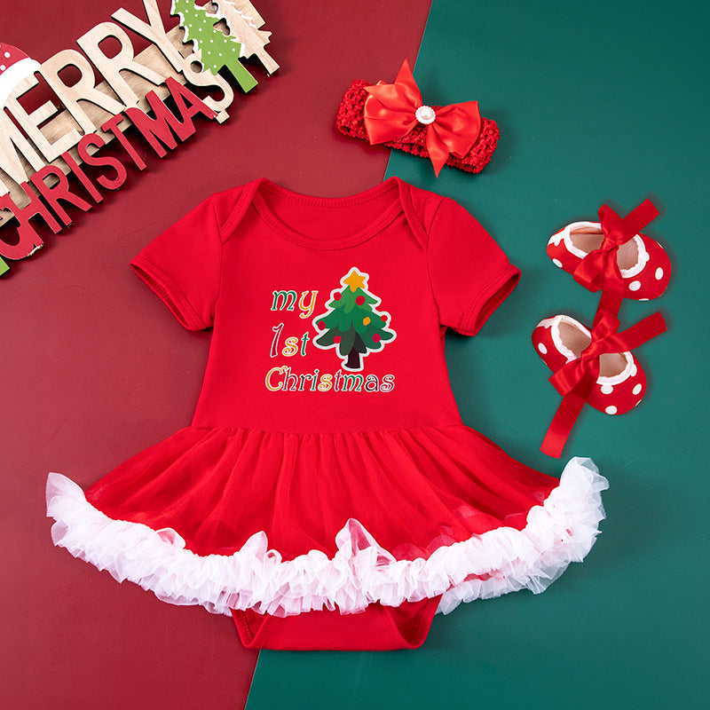 Baby Girl Christmas Party Outfit - Festive 3-Piece Set with Gown, Shoes & Hair Accessories