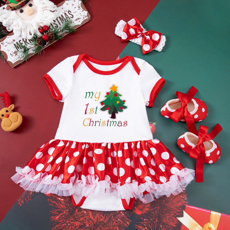 Baby Girl Christmas Party Outfit - Festive 3-Piece Set with Gown, Shoes & Hair Accessories