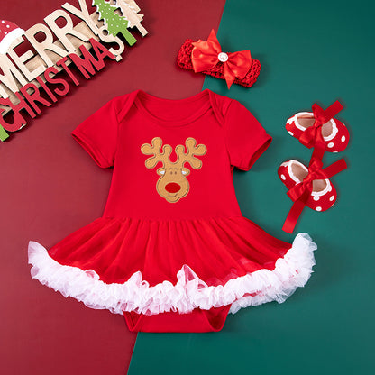 Baby Girl Christmas Party Outfit - Festive 3-Piece Set with Gown, Shoes & Hair Accessories