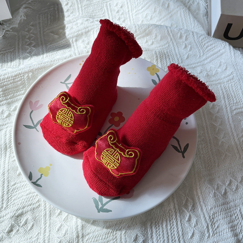 Baby Winter Terry Non-Slip Floor Socks - Warm Red Socks for Toddlers - Free Shipping