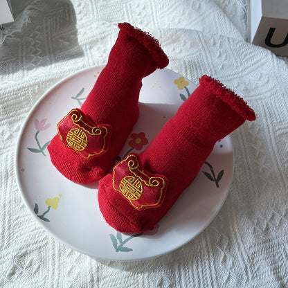 Baby Winter Terry Non-Slip Floor Socks - Warm Red Socks for Toddlers - Free Shipping