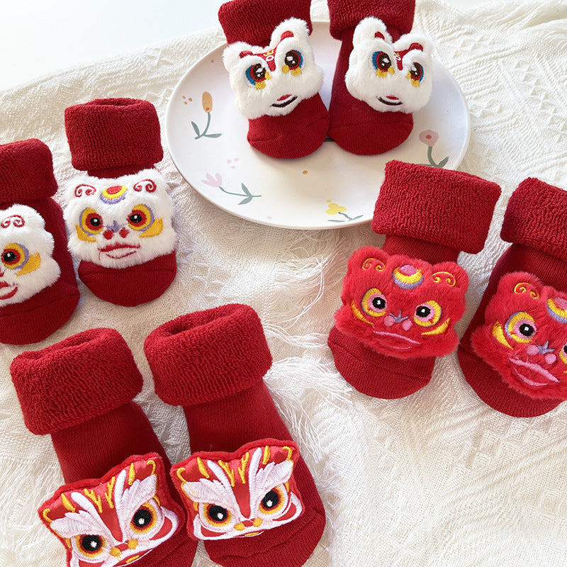 Baby Winter Terry Non-Slip Floor Socks - Warm Red Socks for Toddlers - Free Shipping
