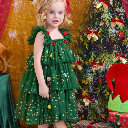 Girls Christmas Tree Suspender Dress - Festive Holiday Jumper Outfit