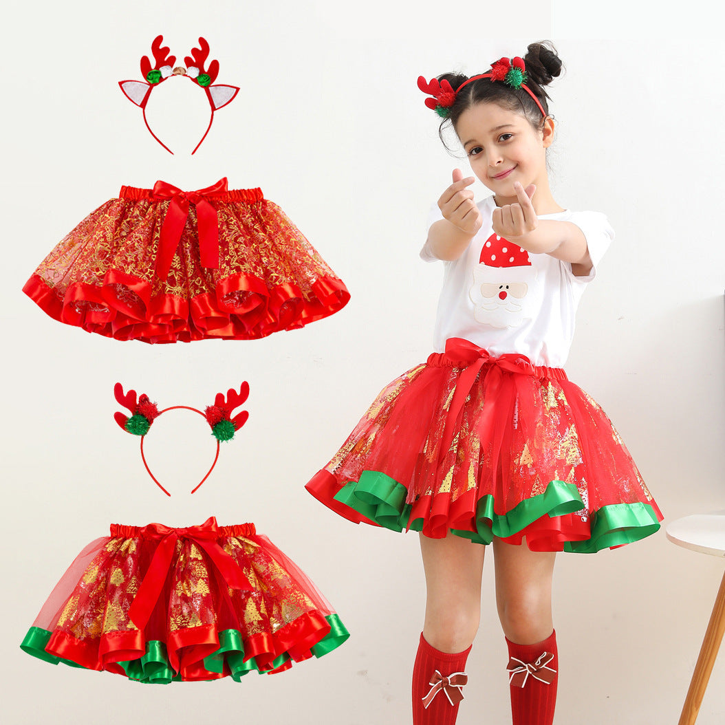 Christmas Tutu Skirt Set with Headband - Girls Festive Pettiskirt & Hair Accessory