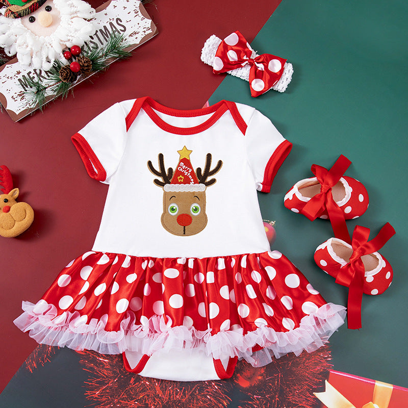Baby Girl Christmas Party Outfit - Festive 3-Piece Set with Gown, Shoes & Hair Accessories