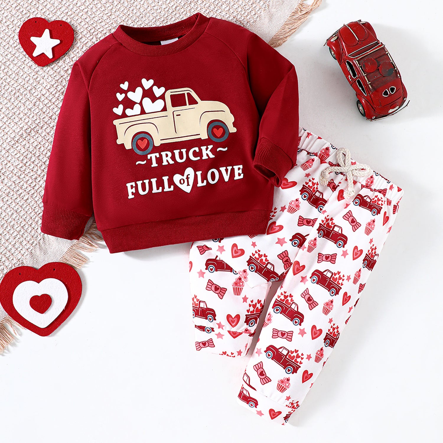Toddler Boys Truck Print Sweatshirt & Sweatpants Set - Long Sleeve Heart Letter Outfit