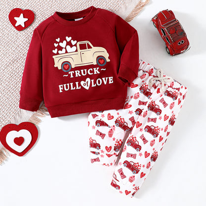 Toddler Boys Truck Print Sweatshirt & Sweatpants Set - Long Sleeve Heart Letter Outfit