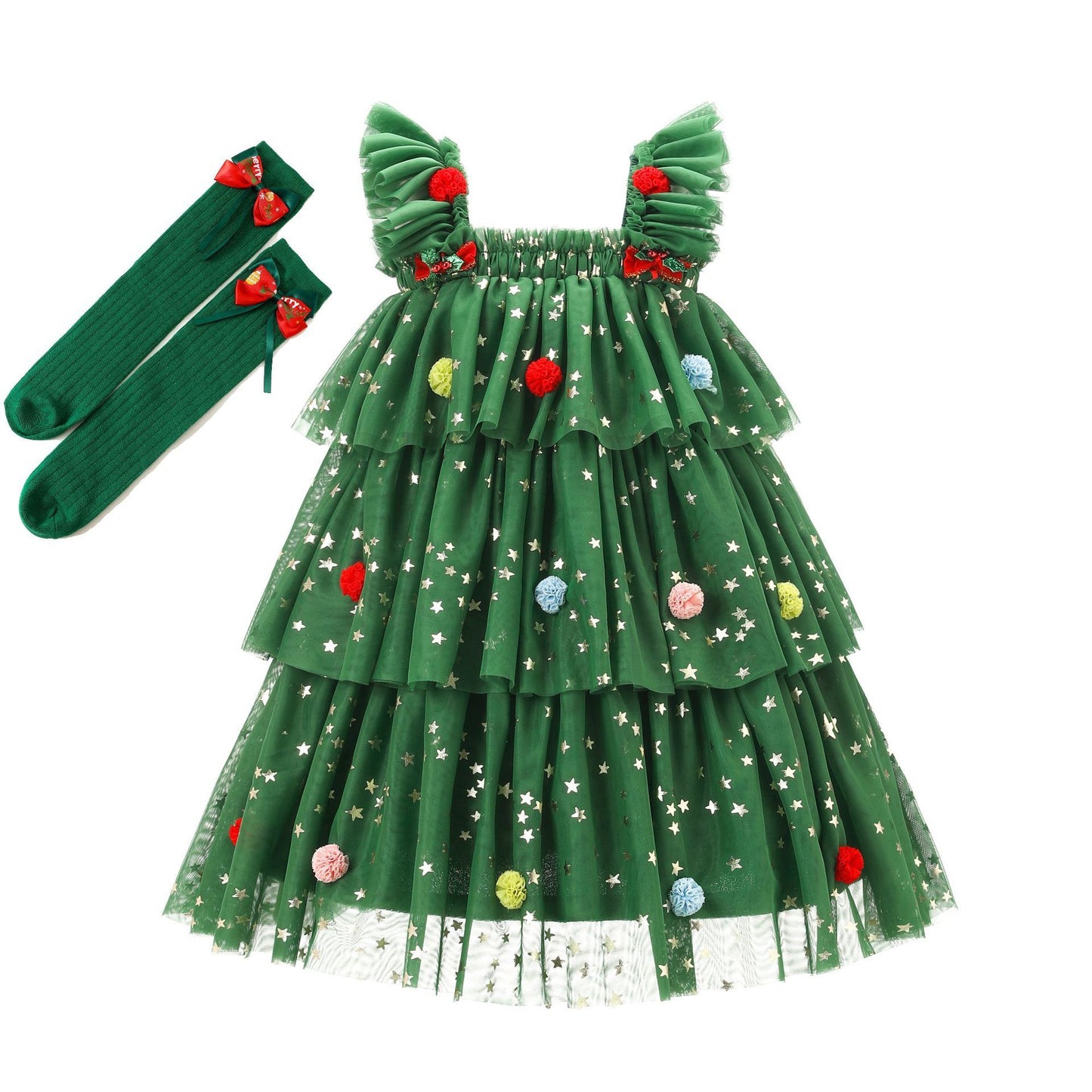 Girls Christmas Tree Suspender Dress - Festive Holiday Jumper Outfit