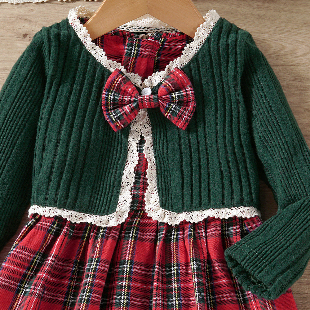 Girls Autumn Knitted Lace Top & Plaid Vest Skirt Set - 2-Piece Outfit
