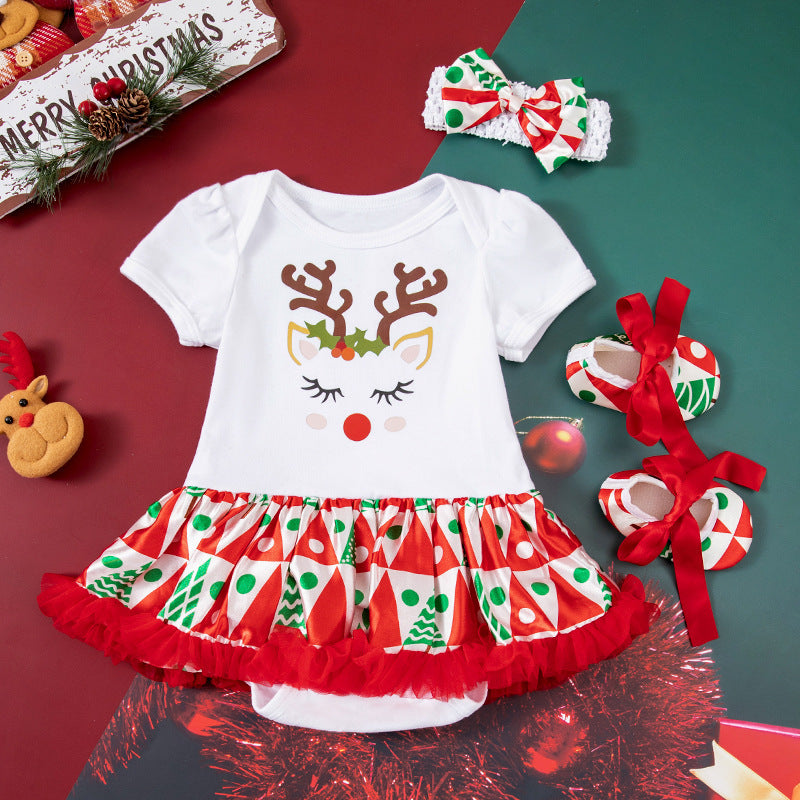 Baby Girl Christmas Party Outfit - Festive 3-Piece Set with Gown, Shoes & Hair Accessories