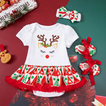 Baby Girl Christmas Party Outfit - Festive 3-Piece Set with Gown, Shoes & Hair Accessories