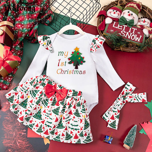 Girls' Christmas 3-Piece Set - Long Sleeve Jumpsuit, Headband & Skirt