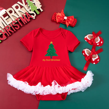 Baby Girl Christmas Party Outfit - Festive 3-Piece Set with Gown, Shoes & Hair Accessories